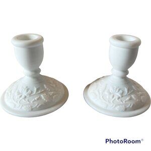 Fenton Milk Glass Pair of Candleholders With Embossed Floral Design Vintage